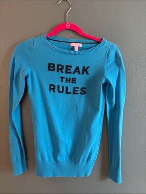 Lilly Pulitzer Teal Blue 'BREAK THE RULES' Crewneck Sweater